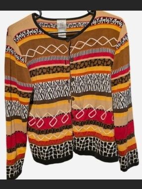 VINTAGE Fisher Hill Multicolor Striped Women's Cardigan - Red, Mustard & Tan